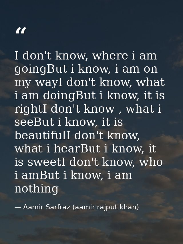 I don't know, where i am goingBut i know, i am on my wayI don't know, what i am doingBut i know, it is rightI don't know — Aamir Sarfraz (aamir rajput khan)