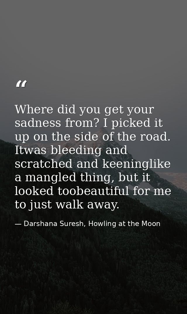 Where did you get your sadness from? I picked it up on the side of the road. Itwas bleeding and scratched and keeninglik — Darshana Suresh, Howling at the Moon