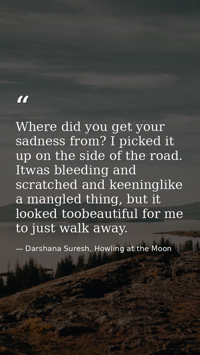 Where did you get your sadness from? I picked it up on the side of the road. Itwas bleeding and scratched and keeninglik — Darshana Suresh, Howling at the Moon