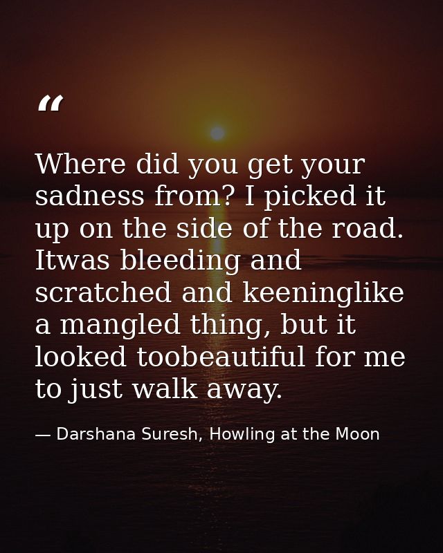 Where did you get your sadness from? I picked it up on the side of the road. Itwas bleeding and scratched and keeninglik — Darshana Suresh, Howling at the Moon