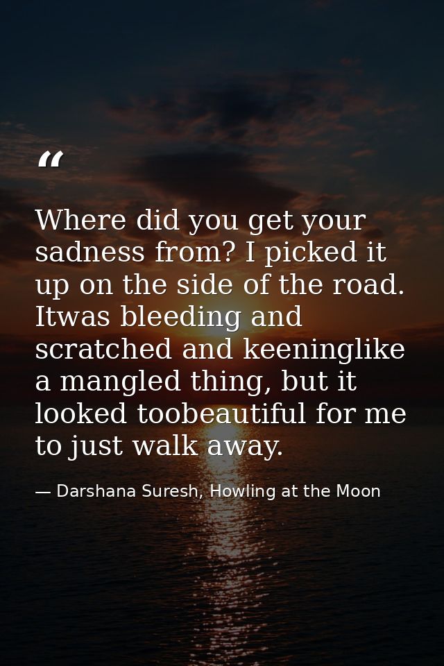Where did you get your sadness from? I picked it up on the side of the road. Itwas bleeding and scratched and keeninglik — Darshana Suresh, Howling at the Moon