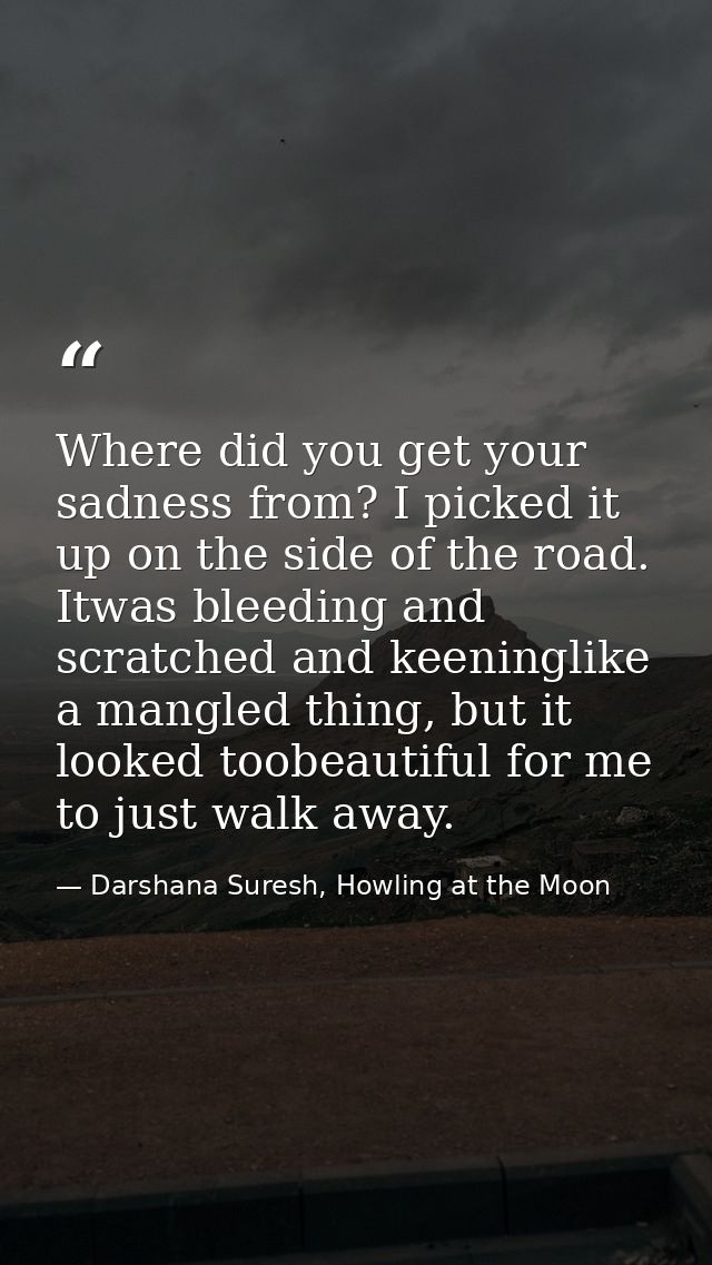 Where did you get your sadness from? I picked it up on the side of the road. Itwas bleeding and scratched and keeninglik — Darshana Suresh, Howling at the Moon