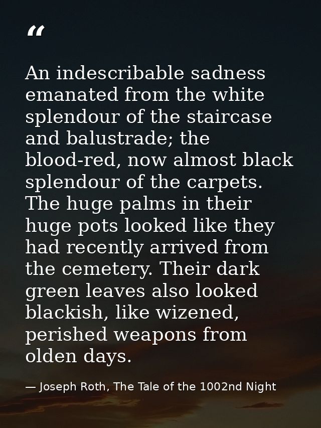 An indescribable sadness emanated from the white splendour of the staircase and balustrade; the blood-red, now almost bl — Joseph Roth, The Tale of the 1002nd Night