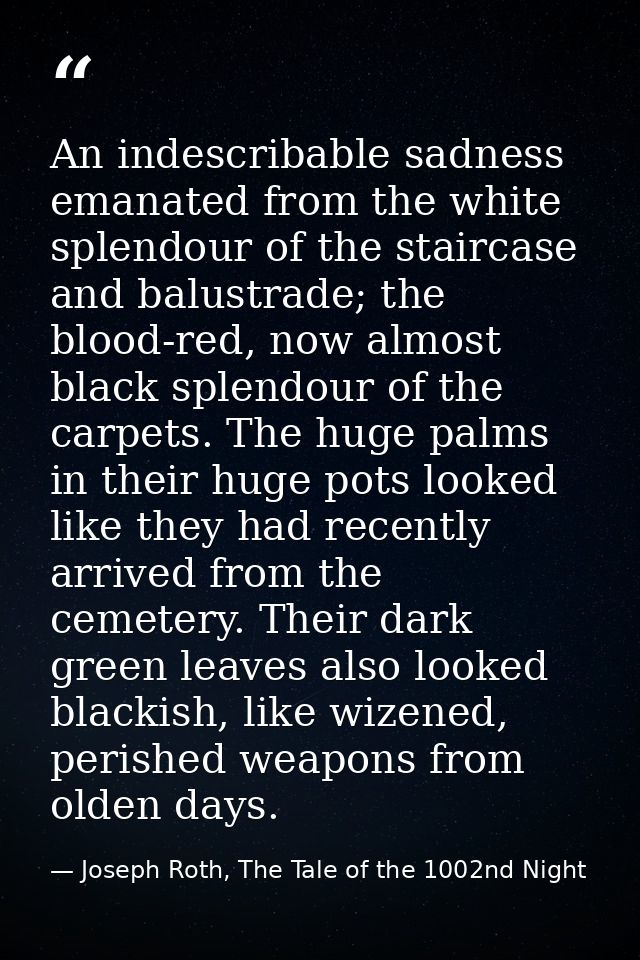 An indescribable sadness emanated from the white splendour of the staircase and balustrade; the blood-red, now almost bl — Joseph Roth, The Tale of the 1002nd Night