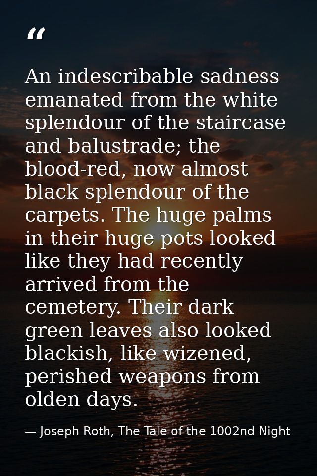 An indescribable sadness emanated from the white splendour of the staircase and balustrade; the blood-red, now almost bl — Joseph Roth, The Tale of the 1002nd Night