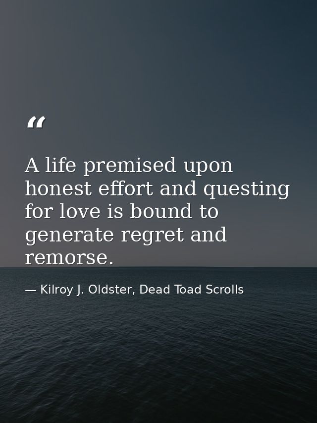 A life premised upon honest effort and questing for love is bound to generate regret and remorse. — Kilroy J. Oldster, Dead Toad Scrolls