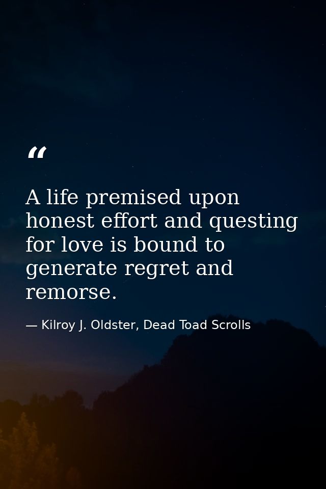 A life premised upon honest effort and questing for love is bound to generate regret and remorse. — Kilroy J. Oldster, Dead Toad Scrolls