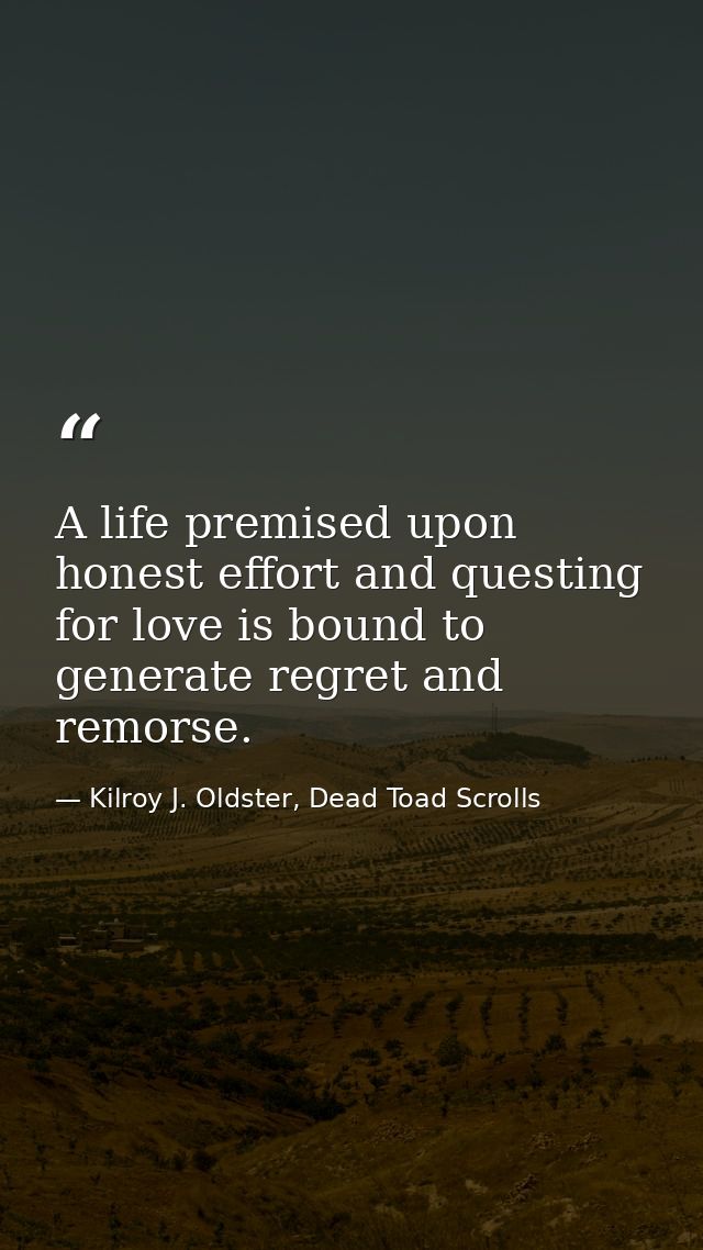 A life premised upon honest effort and questing for love is bound to generate regret and remorse. — Kilroy J. Oldster, Dead Toad Scrolls