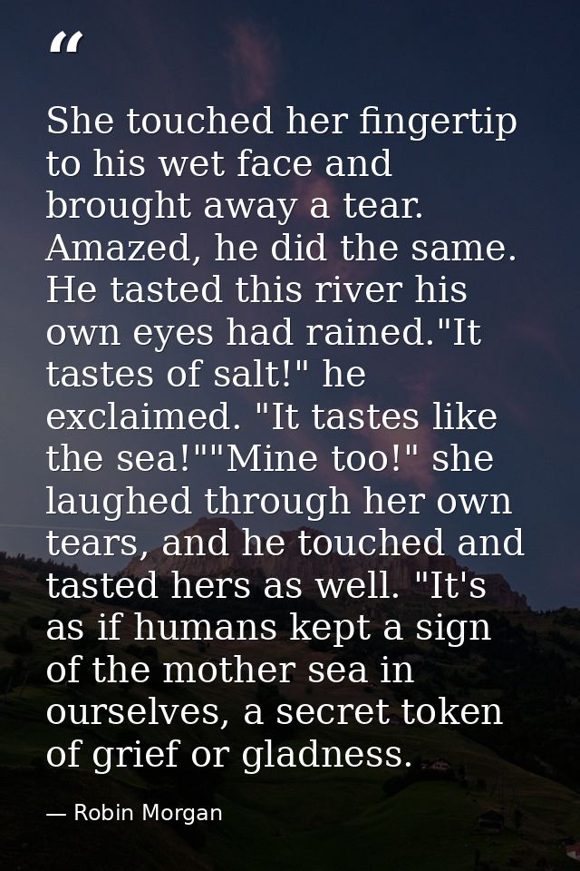 She touched her fingertip to his wet face and brought away a tear. Amazed, he did the same. He tasted this river his own — Robin Morgan