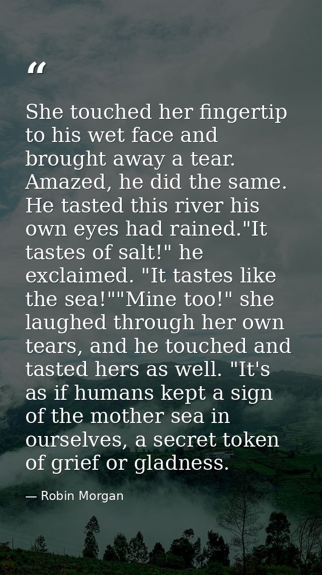 She touched her fingertip to his wet face and brought away a tear. Amazed, he did the same. He tasted this river his own — Robin Morgan