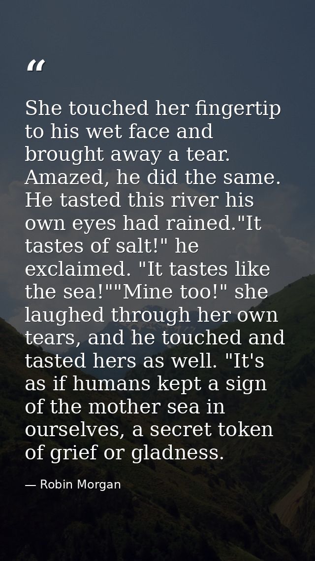 She touched her fingertip to his wet face and brought away a tear. Amazed, he did the same. He tasted this river his own — Robin Morgan