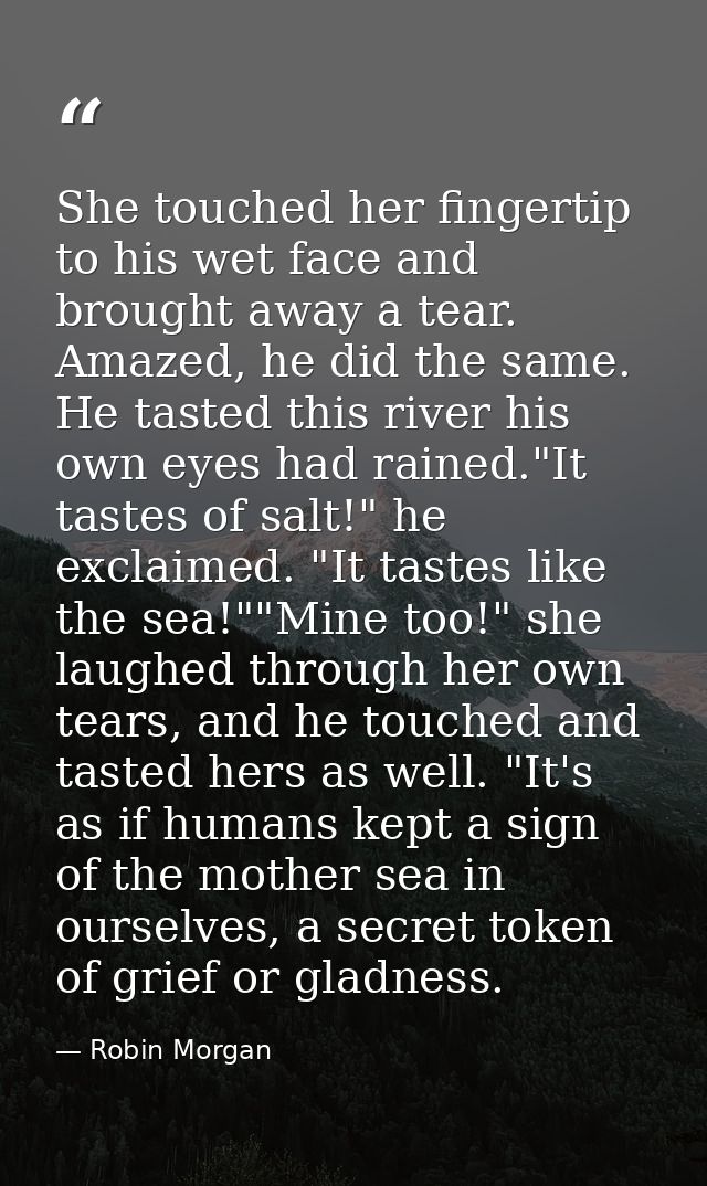 She touched her fingertip to his wet face and brought away a tear. Amazed, he did the same. He tasted this river his own — Robin Morgan