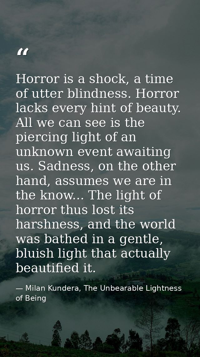 Horror is a shock, a time of utter blindness. Horror lacks every hint of beauty. All we can see is the piercing light of — Milan Kundera, The Unbearable Lightness of Being