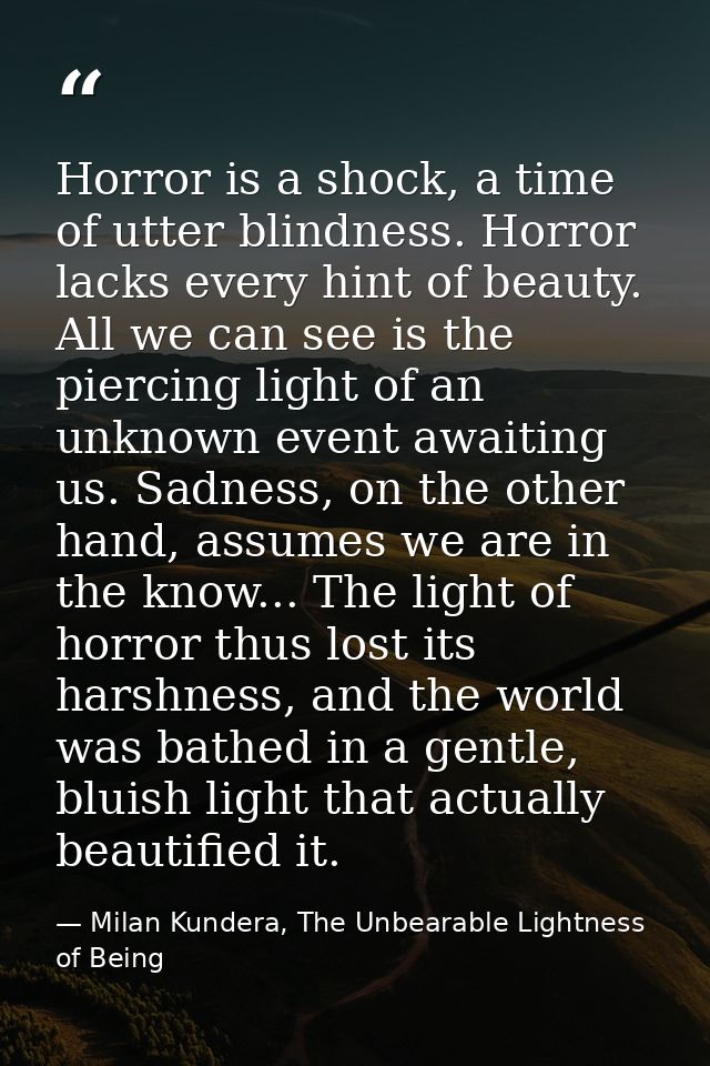 Horror is a shock, a time of utter blindness. Horror lacks every hint of beauty. All we can see is the piercing light of — Milan Kundera, The Unbearable Lightness of Being