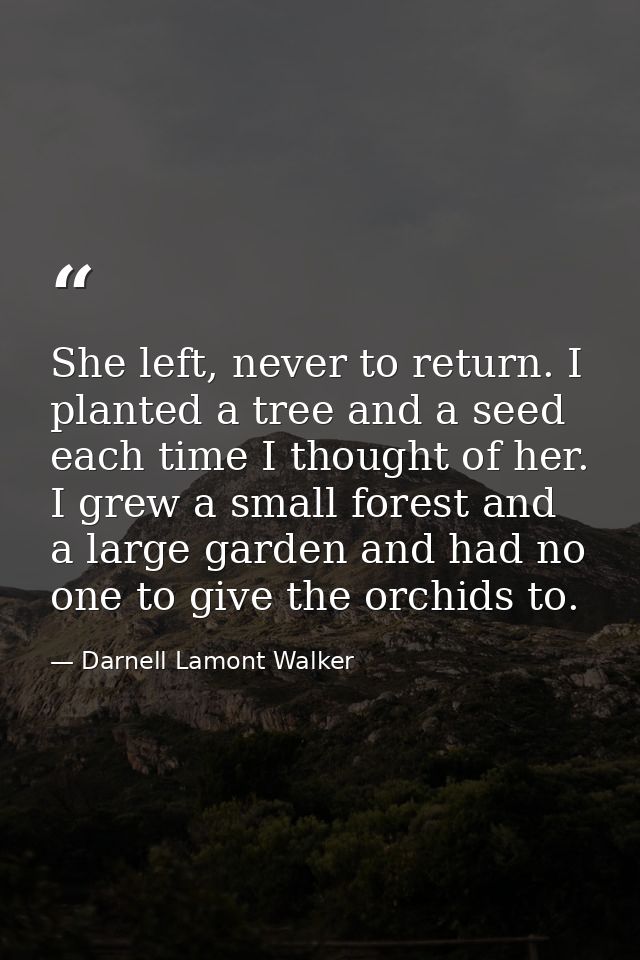 She left, never to return. I planted a tree and a seed each time I thought of her. I grew a small forest and a large gar — Darnell Lamont Walker