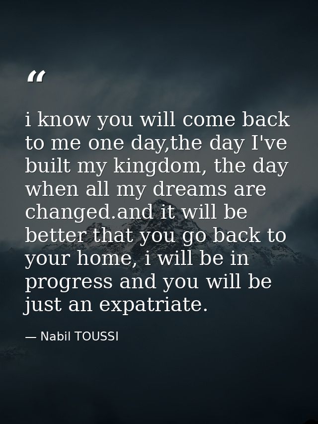 i know you will come back to me one day,the day I've built my kingdom, the day when all my dreams are changed.and it wil — Nabil TOUSSI