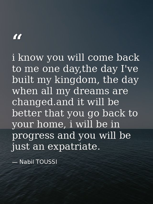 i know you will come back to me one day,the day I've built my kingdom, the day when all my dreams are changed.and it wil — Nabil TOUSSI