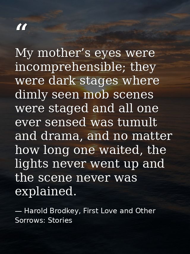 My mother’s eyes were incomprehensible; they were dark stages where dimly seen mob scenes were staged and all one ever s — Harold Brodkey, First Love and Other Sorrows: Stories
