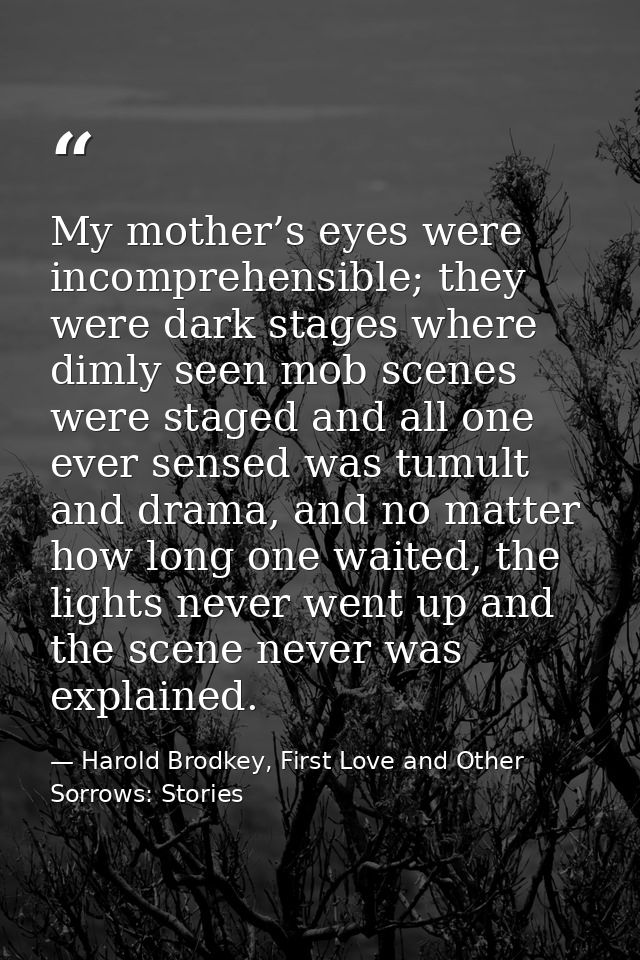 My mother’s eyes were incomprehensible; they were dark stages where dimly seen mob scenes were staged and all one ever s — Harold Brodkey, First Love and Other Sorrows: Stories