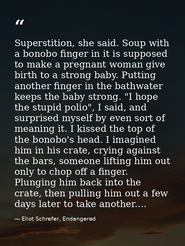 Superstition, she said. Soup with a bonobo finger in it is supposed to make a pregnant woman give birth to a strong baby — Eliot Schrefer, Endangered