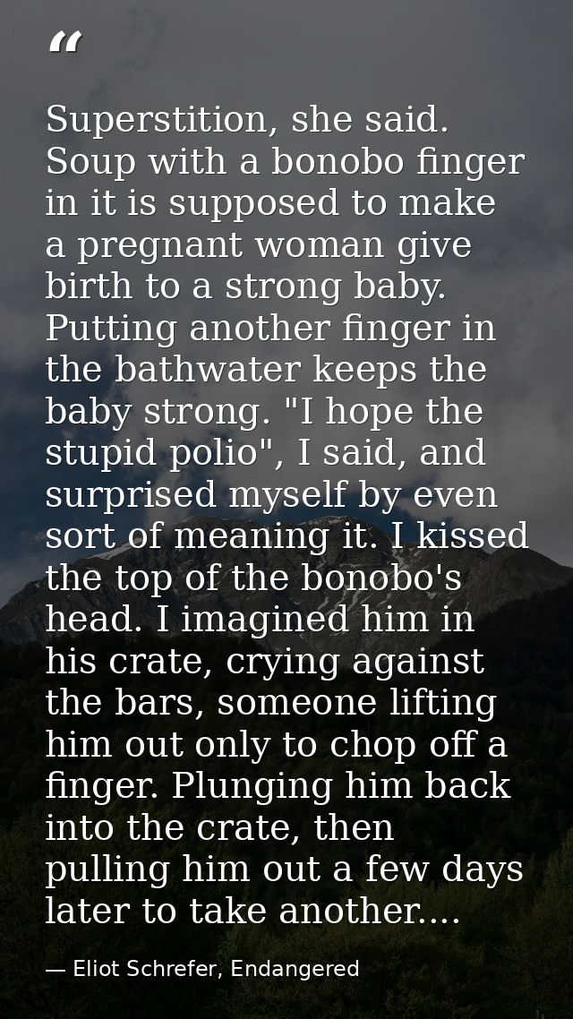 Superstition, she said. Soup with a bonobo finger in it is supposed to make a pregnant woman give birth to a strong baby — Eliot Schrefer, Endangered