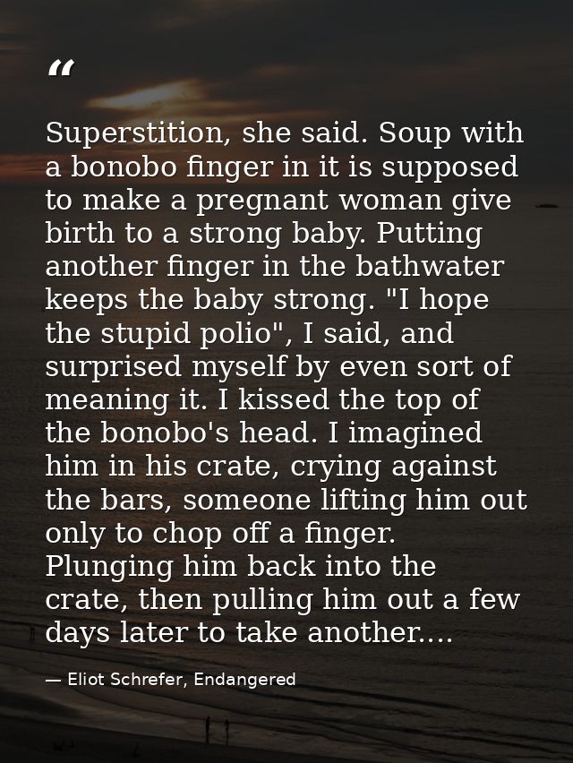 Superstition, she said. Soup with a bonobo finger in it is supposed to make a pregnant woman give birth to a strong baby — Eliot Schrefer, Endangered