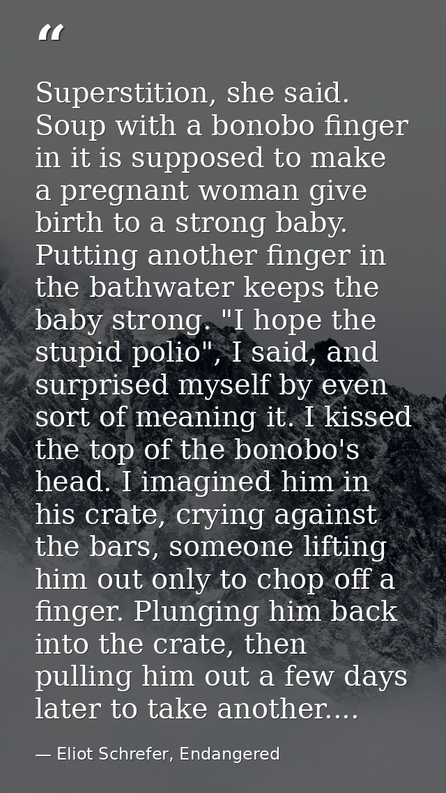 Superstition, she said. Soup with a bonobo finger in it is supposed to make a pregnant woman give birth to a strong baby — Eliot Schrefer, Endangered
