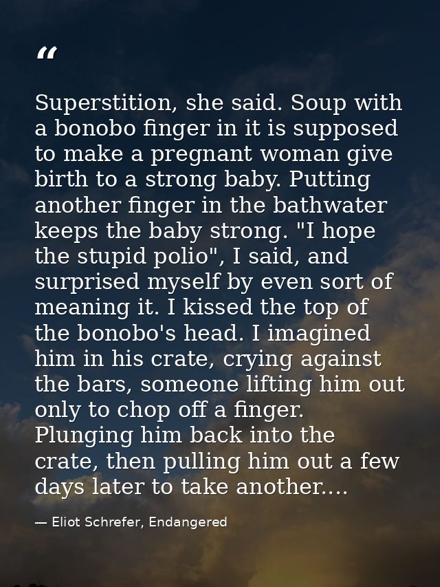 Superstition, she said. Soup with a bonobo finger in it is supposed to make a pregnant woman give birth to a strong baby — Eliot Schrefer, Endangered