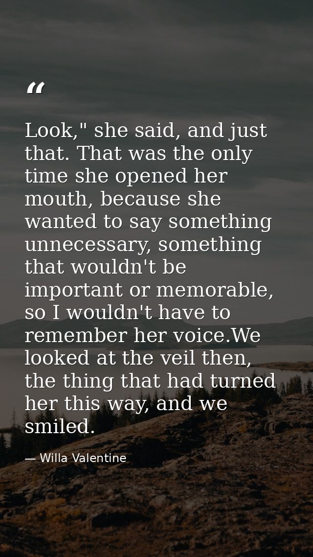 Look," she said, and just that. That was the only time she opened her mouth, because she wanted to say something unneces — Willa Valentine
