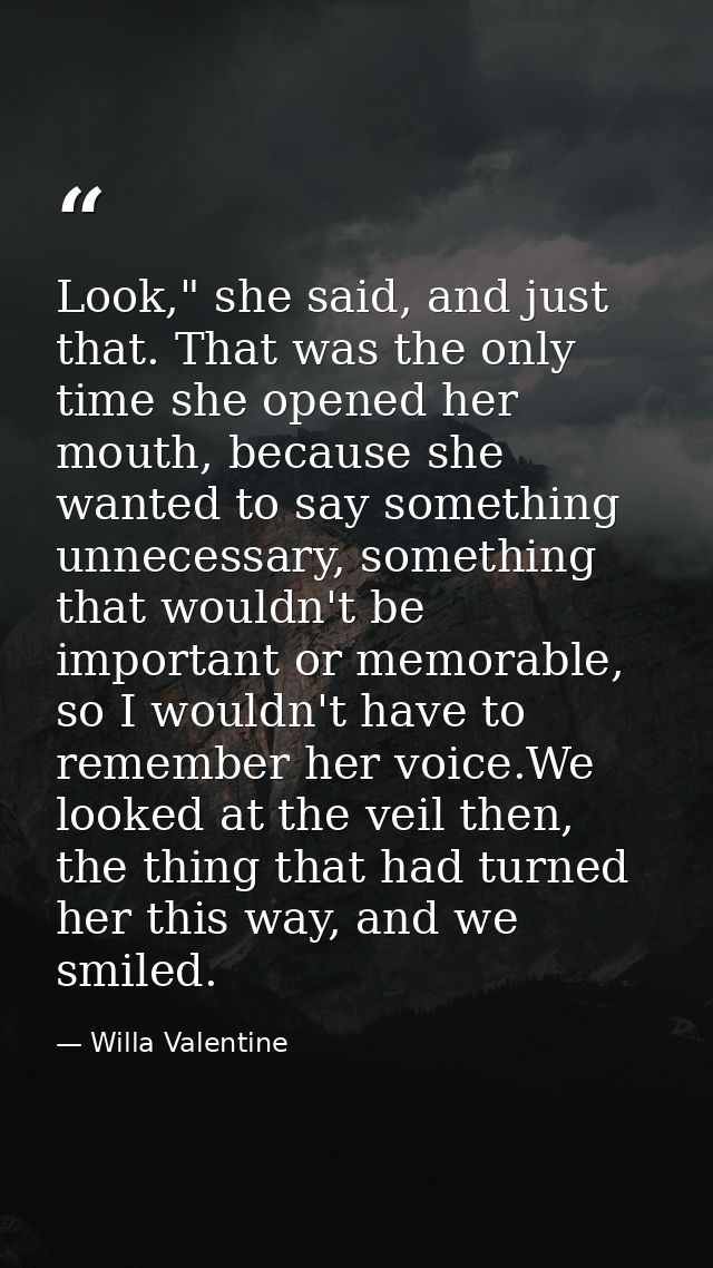 Look," she said, and just that. That was the only time she opened her mouth, because she wanted to say something unneces — Willa Valentine