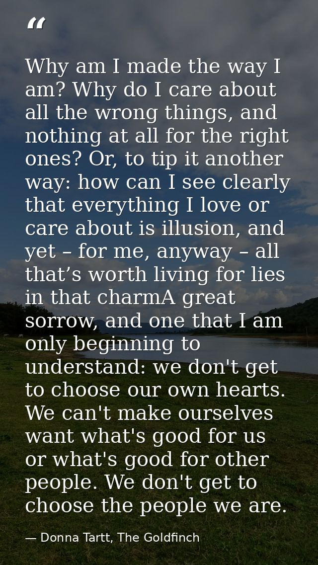 Why am I made the way I am? Why do I care about all the wrong things, and nothing at all for the right ones? Or, to tip  — Donna Tartt, The Goldfinch