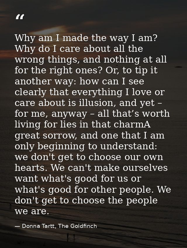 Why am I made the way I am? Why do I care about all the wrong things, and nothing at all for the right ones? Or, to tip  — Donna Tartt, The Goldfinch