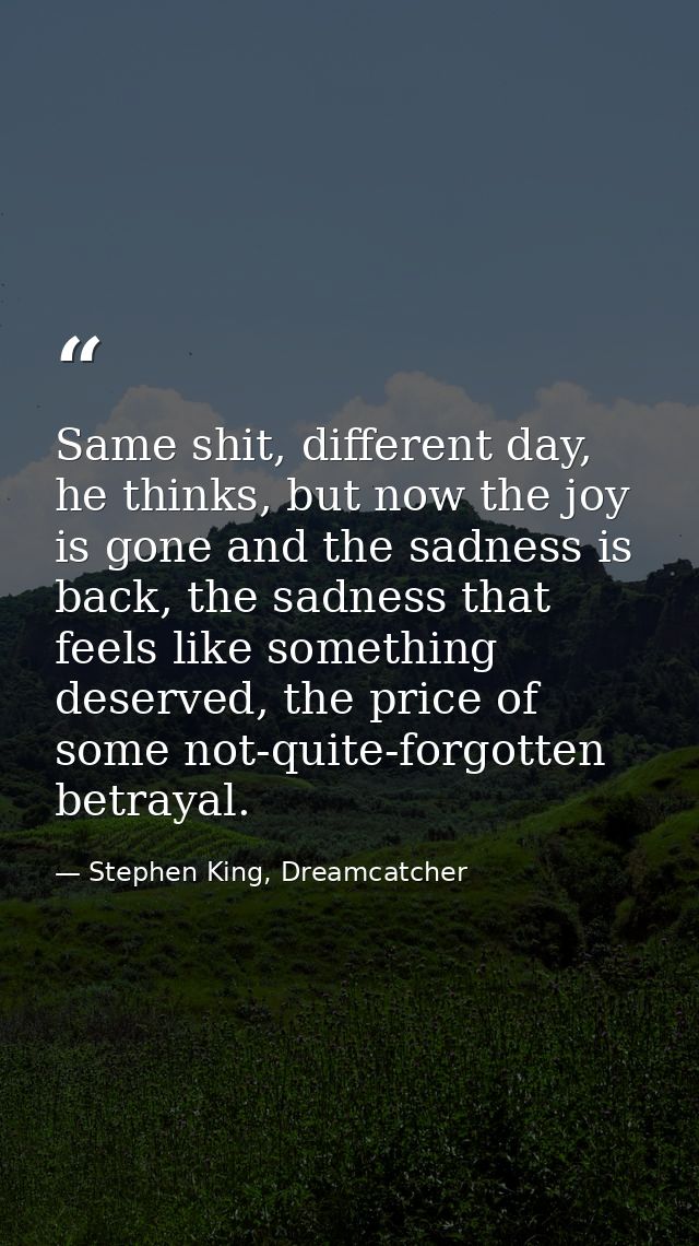 Same shit, different day, he thinks, but now the joy is gone and the sadness is back, the sadness that feels like someth — Stephen King, Dreamcatcher