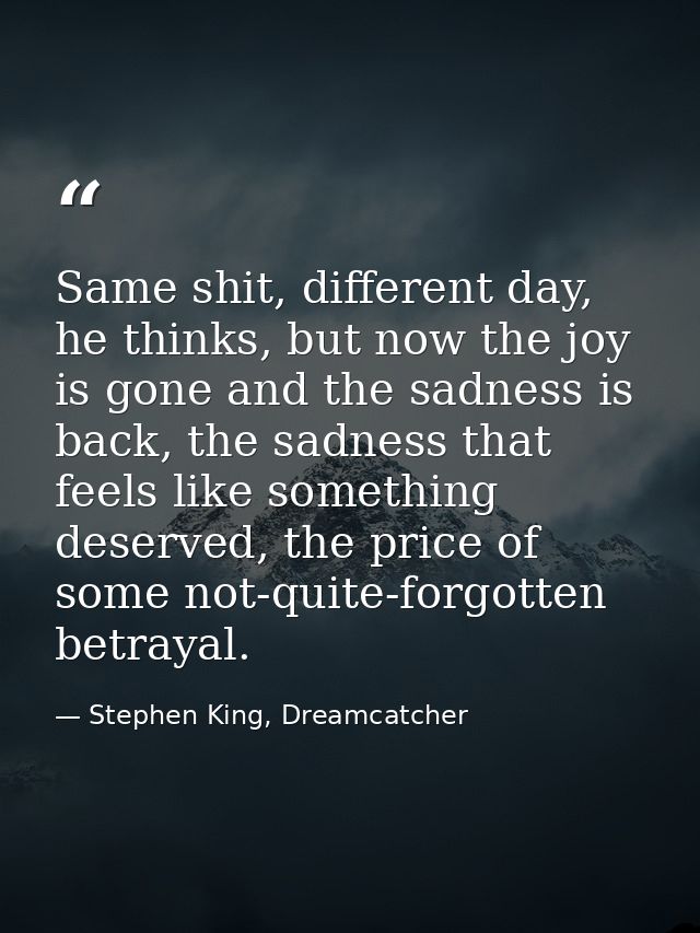 Same shit, different day, he thinks, but now the joy is gone and the sadness is back, the sadness that feels like someth — Stephen King, Dreamcatcher