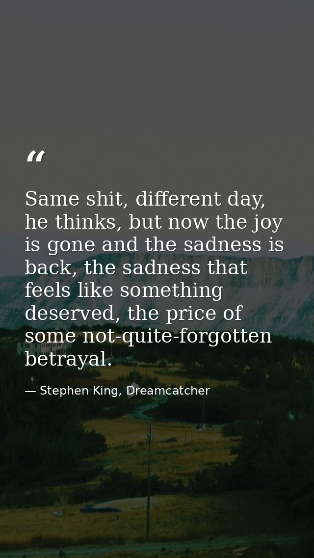 Same shit, different day, he thinks, but now the joy is gone and the sadness is back, the sadness that feels like someth — Stephen King, Dreamcatcher