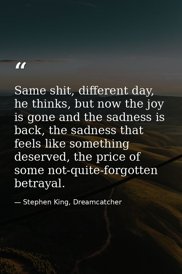 Same shit, different day, he thinks, but now the joy is gone and the sadness is back, the sadness that feels like someth — Stephen King, Dreamcatcher