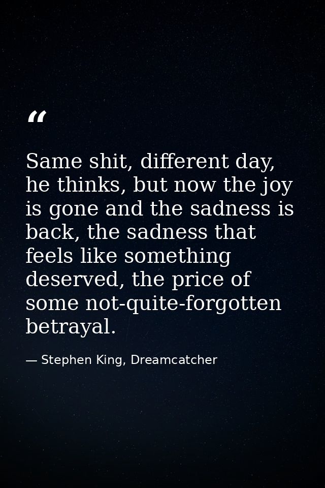 Same shit, different day, he thinks, but now the joy is gone and the sadness is back, the sadness that feels like someth — Stephen King, Dreamcatcher
