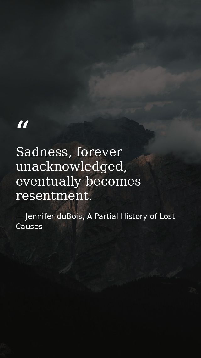 Sadness, forever unacknowledged, eventually becomes resentment. — Jennifer duBois, A Partial History of Lost Causes