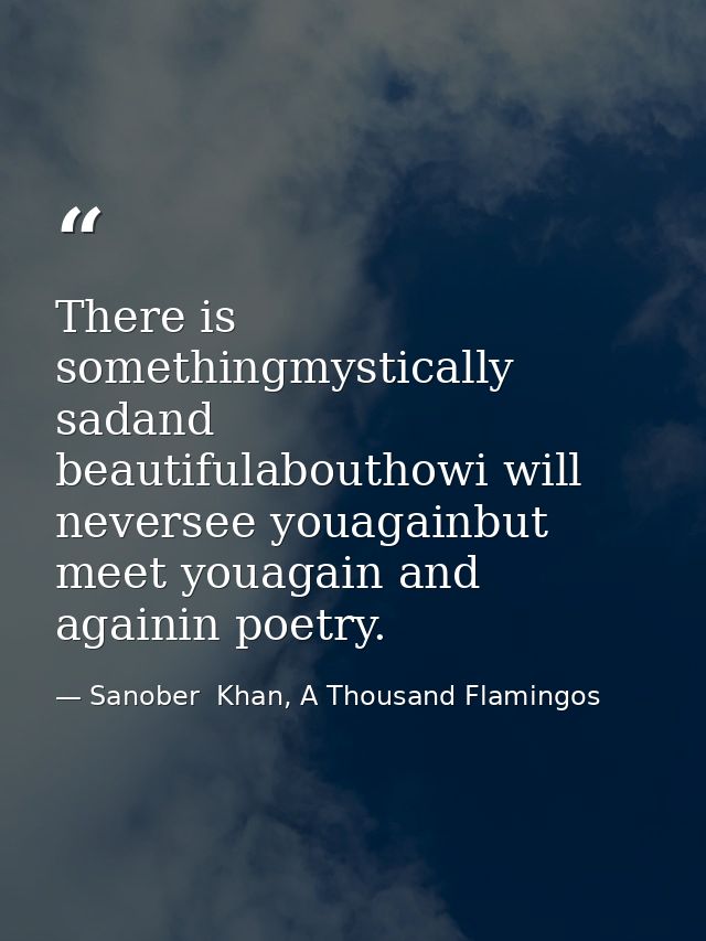 There is somethingmystically sadand beautifulabouthowi will neversee youagainbut meet youagain and againin poetry. — Sanober  Khan, A Thousand Flamingos