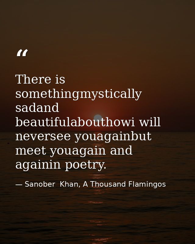 There is somethingmystically sadand beautifulabouthowi will neversee youagainbut meet youagain and againin poetry. — Sanober  Khan, A Thousand Flamingos