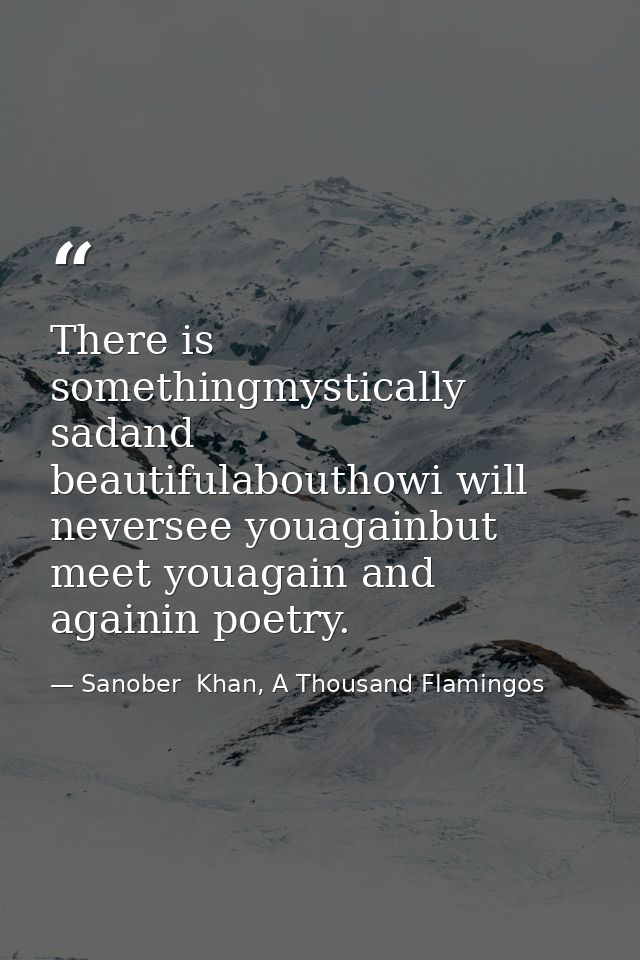 There is somethingmystically sadand beautifulabouthowi will neversee youagainbut meet youagain and againin poetry. — Sanober  Khan, A Thousand Flamingos