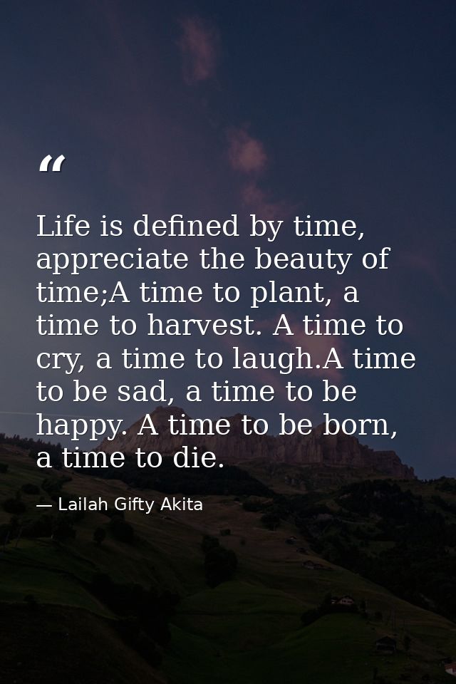 Life is defined by time, appreciate the beauty of time;A time to plant, a time to harvest. A time to cry, a time to laug — Lailah Gifty Akita