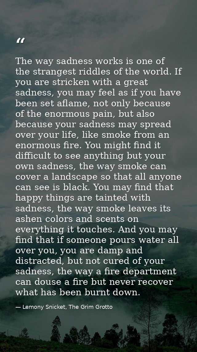 The way sadness works is one of the strangest riddles of the world. If you are stricken with a great sadness, you may fe — Lemony Snicket, The Grim Grotto