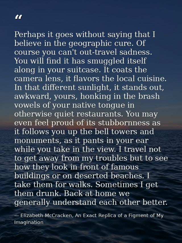 Perhaps it goes without saying that I believe in the geographic cure. Of course you can't out-travel sadness. You will f — Elizabeth McCracken, An Exact Replica of a Figment of My Imagination