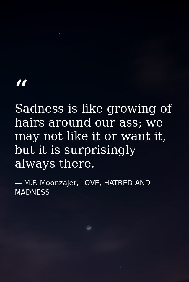 Sadness is like growing of hairs around our ass; we may not like it or want it, but it is surprisingly always there. — M.F. Moonzajer, LOVE, HATRED AND MADNESS