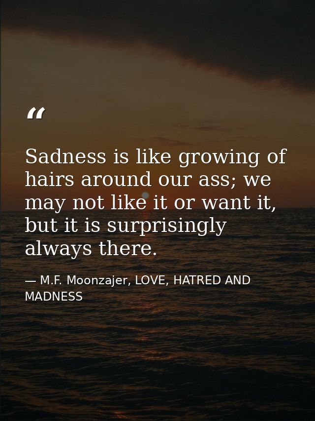 Sadness is like growing of hairs around our ass; we may not like it or want it, but it is surprisingly always there. — M.F. Moonzajer, LOVE, HATRED AND MADNESS