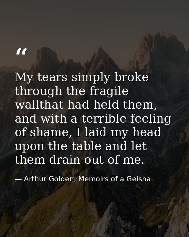 My tears simply broke through the fragile wallthat had held them, and with a terrible feeling of shame, I laid my head u — Arthur Golden, Memoirs of a Geisha