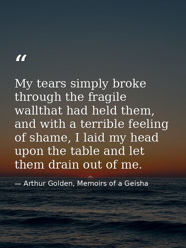My tears simply broke through the fragile wallthat had held them, and with a terrible feeling of shame, I laid my head u — Arthur Golden, Memoirs of a Geisha