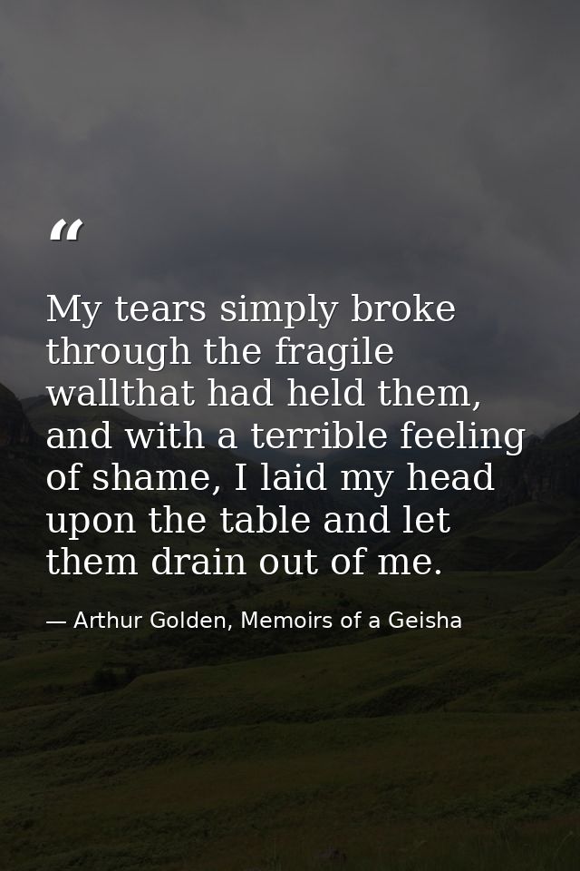 My tears simply broke through the fragile wallthat had held them, and with a terrible feeling of shame, I laid my head u — Arthur Golden, Memoirs of a Geisha