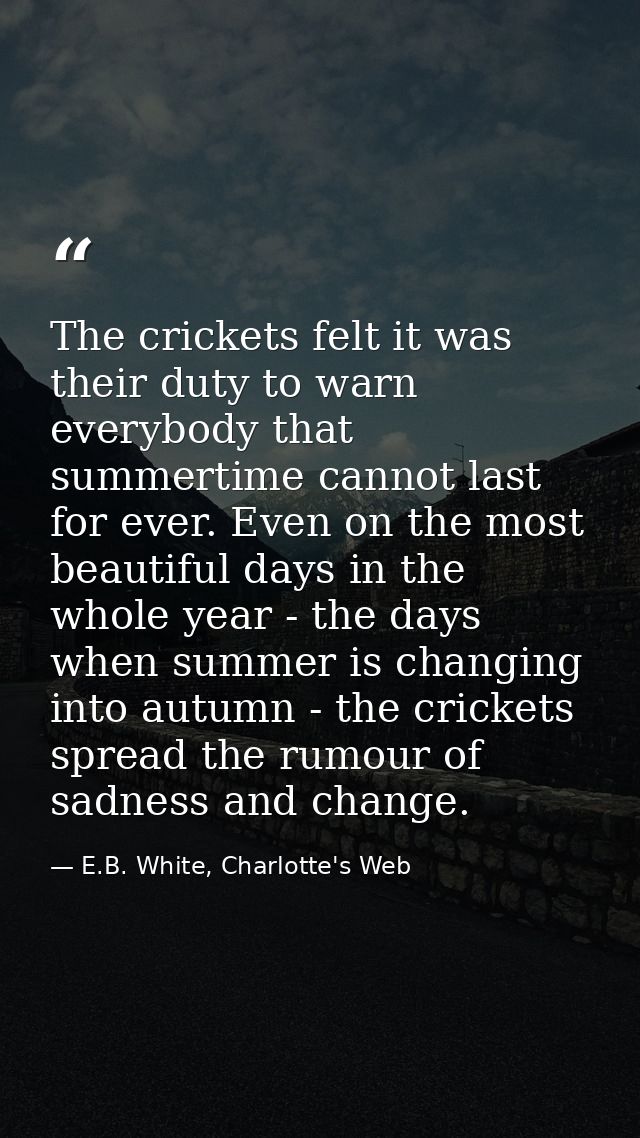 The crickets felt it was their duty to warn everybody that summertime cannot last for ever. Even on the most beautiful d — E.B. White, Charlotte's Web